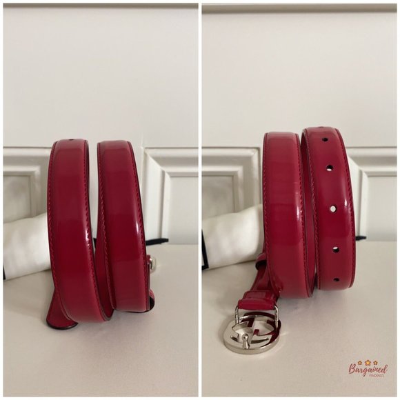 Authentic Gucci Red Calfskin Leather Silver Interlocking G Buckle Belt 80/32 - Picture 8 of 13